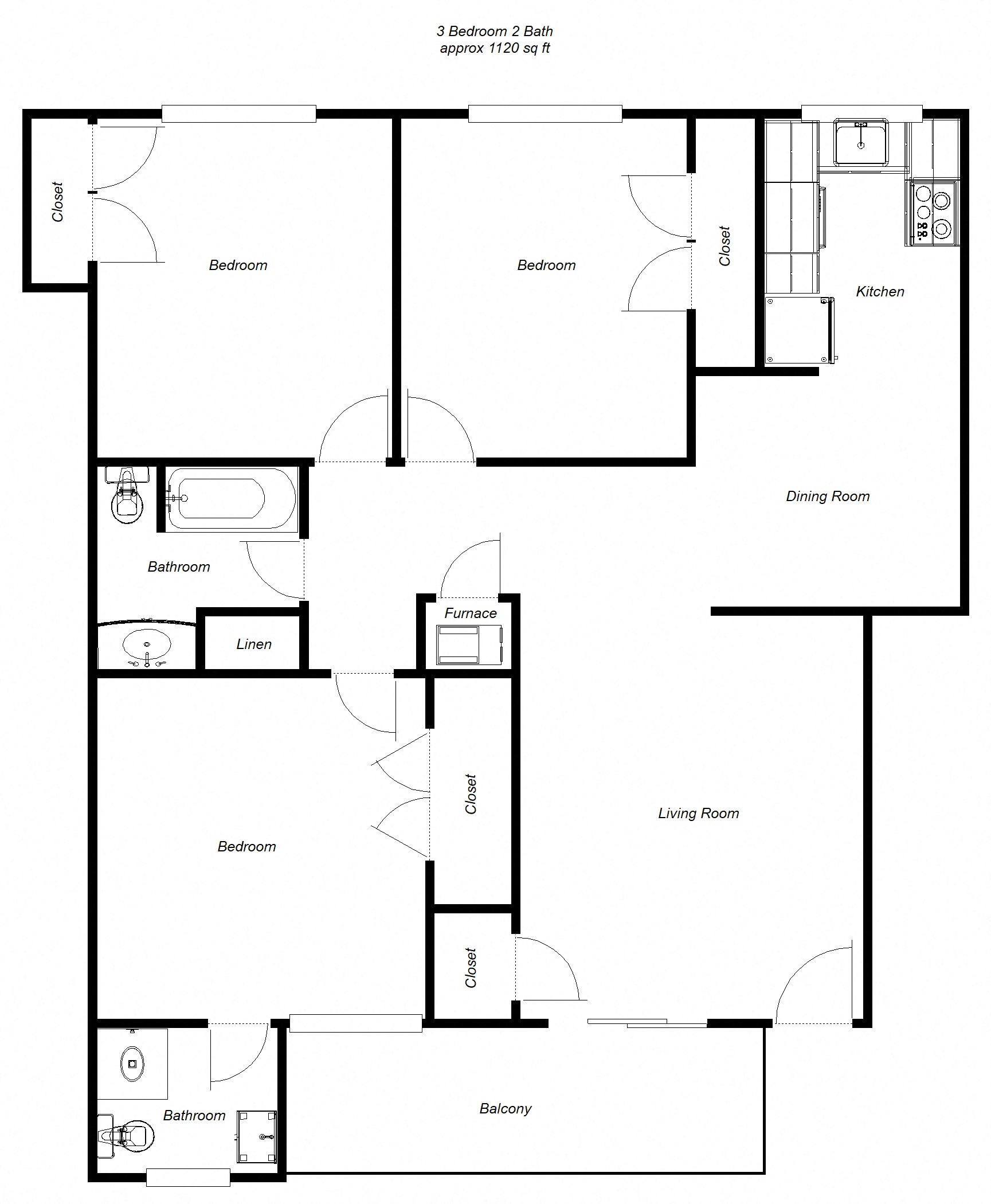 3 Bedroom floor plan for Midtown Apartments